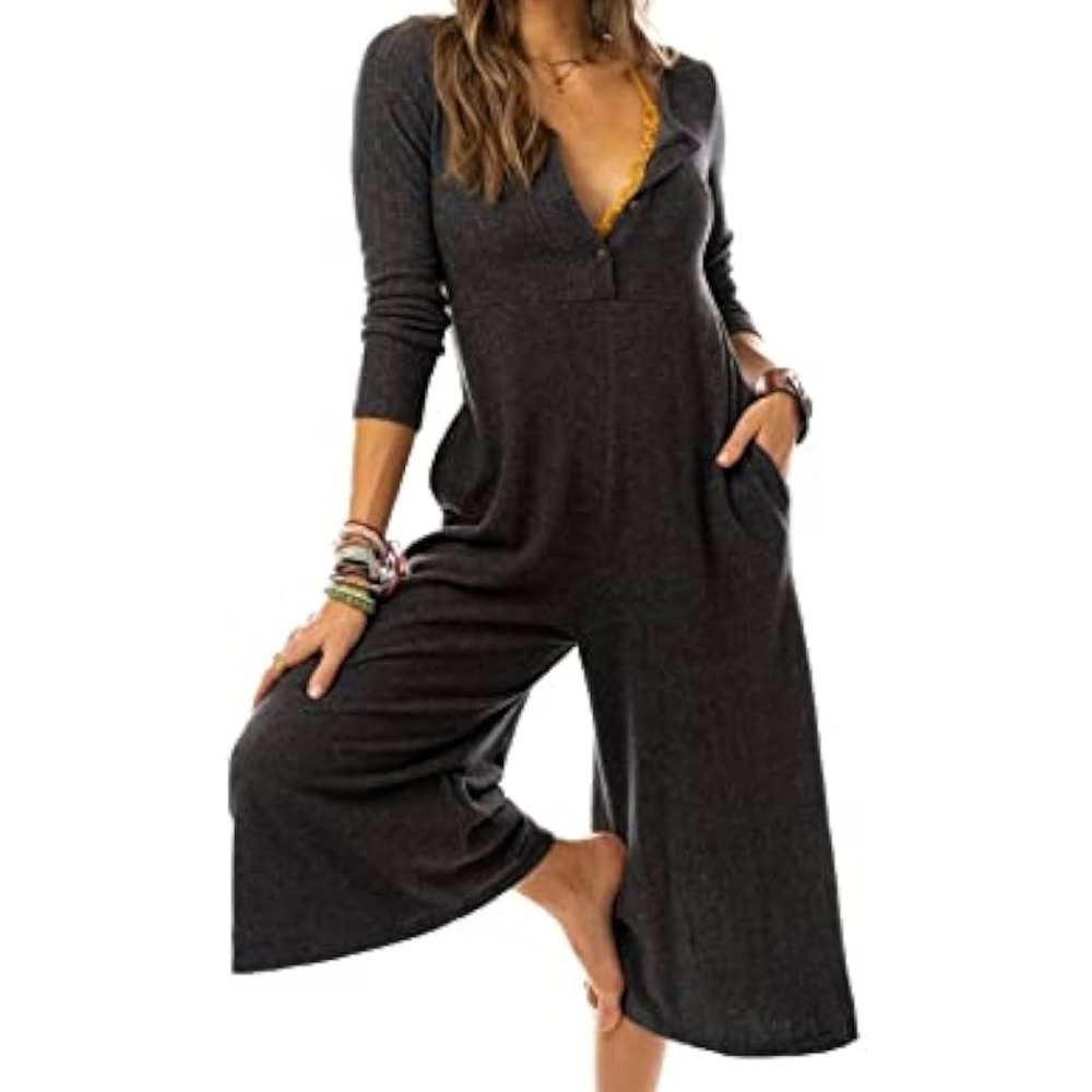 Three Bird Nest Charcoal Gray Wide-Leg Jumpsuit with Yellow Trim